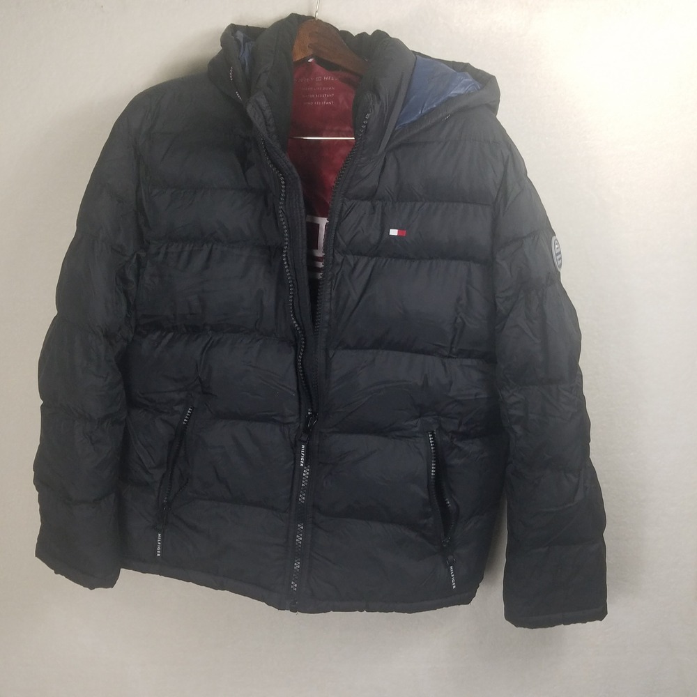 Tommy Hilfiger Puffer Jacket Men M Black Excellent Hooded Water Resistant